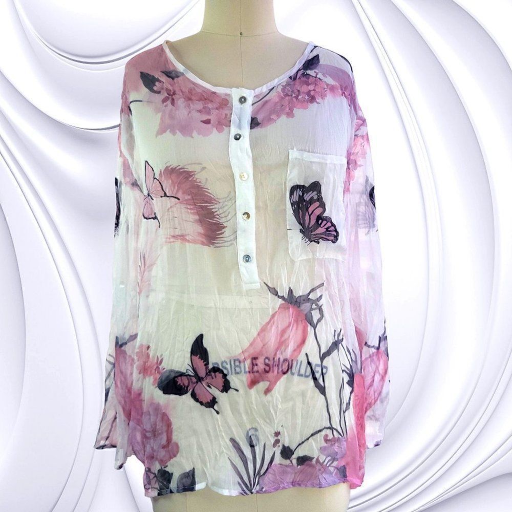 Sheer white pink floral butterfly adjustable sleeves top NWT - Picture 3 of 5